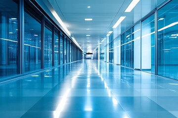 Empty Modern Office Corridor with Glass Walls and Bright Lighting