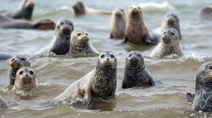 Fototapeta premium Group of gray and black seals on sandy beach in Baltic sea. Eight mammals relax on coast in Estonia. Natural backdrop of light brown sand provides contrast with dark fur.
