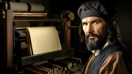 Man in a Brown Coat and Beret by Antique Printing Press - Realistic Image