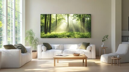 A bright, airy living room features a large nature artwork, cozy furniture, and sunlight streaming through windows, creating a serene atmosphere.