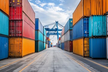 Shipping containers stacked at port with a crane lifting a cargo container