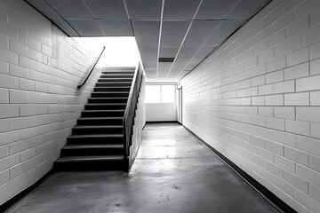 Fototapeta premium Empty hallway with stairs leading upwards, featuring a window at the end of the hall, with light coming in from the window.