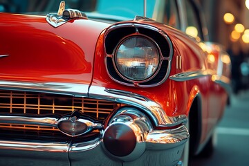 Closeup of red vintage car headlight, chrome bumper, and grille. Classic car design, automotive detail, nostalgia