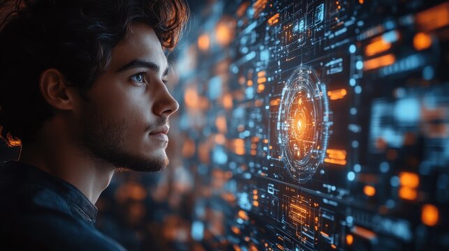business technology ernet and network concept young businessman working on a virtual screen of the future and sees the inscription cmo