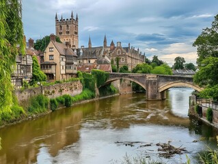 Fototapeta premium Medieval market town of Shrewsbury in Shropshire, England, UK. River Severn flows through historic center. Terraced houses, castle, and market square.