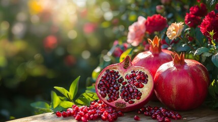 A beautiful arrangement of ripe pomegranates, showcasing vibrant seeds and surrounded by colorful roses in a natural setting.