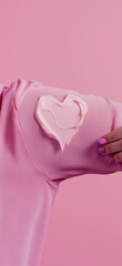 Fototapeta premium A hand applying cream on the upper arm, pink shirt sleeve, against a pink background.Minimal creative emotional and fashion concept.