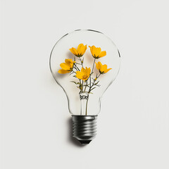 A simple drawing of yellow flowers growing from the bottom of an incandescent light bulb against a white background