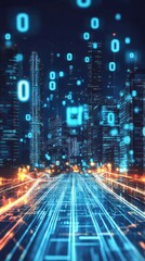Fototapeta premium A futuristic cityscape with binary code overlay, symbolizing technology and digital innovation.