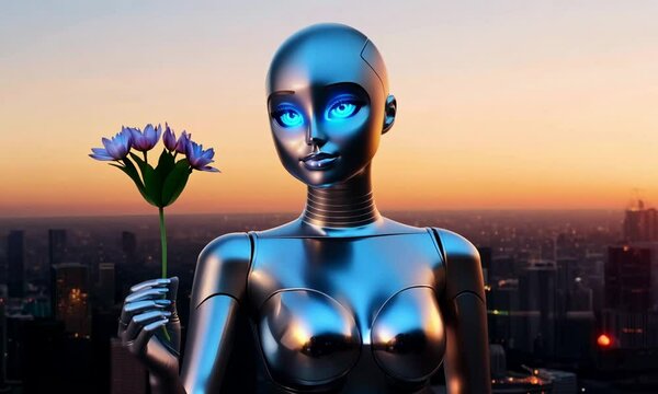 A sleek, silver-skinned woman AI humanoid robot with glowing blue eyes, standing in a futuristic cityscape at sunset