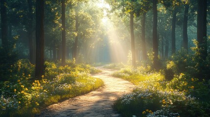 Serene forest path illuminated by sunlight through trees.