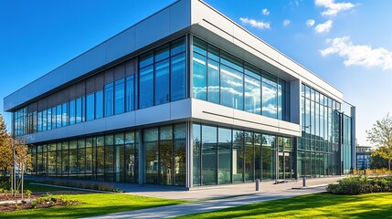 Obraz premium A modern glass building surrounded by greenery, featuring a sleek design and large windows reflecting the sky.