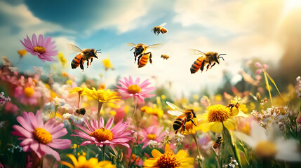 Bees Flying Over a Field of Flowers - Illustration