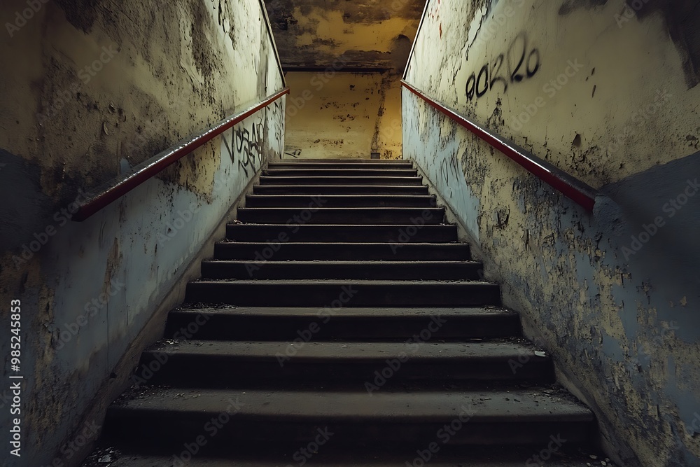 Poster Graffiti Covered Stairway Leading to Unknown Destination