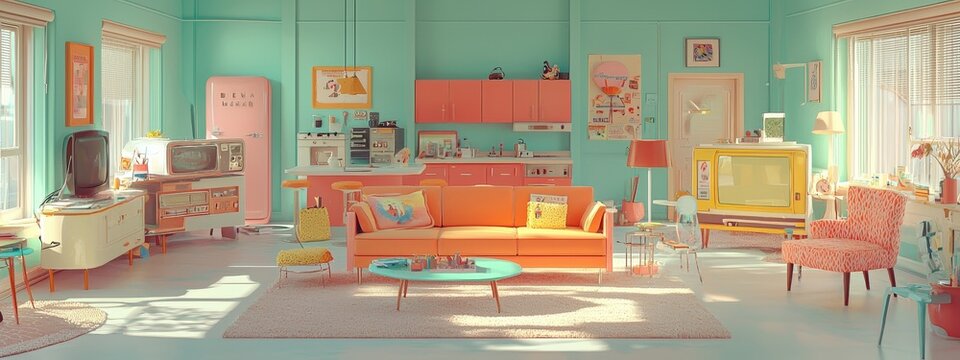 Classic 90s TV sitcom set with bright colors