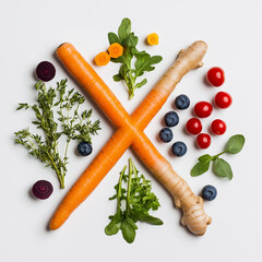 Creative neatly arranged food layout with fruits, vegetables and leaves on bright background. Minimal healthy food concept. Flat lay.
