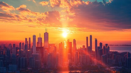 City Skyline at Sunset with Sunbeams Illuminating Buildings