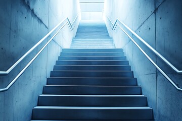 Fototapeta premium Abstract blue concrete stairway leading to a bright light at the top.
