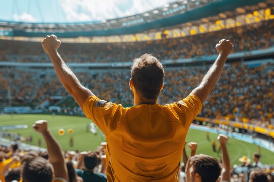 Vibrant scene at a soccer stadium captures intense game action. Yellow and black-clad players react to play, while fans in the background create an electric atmosphere.