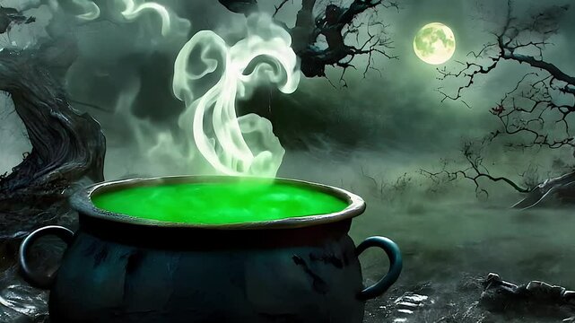 Mysterious potion brewing in a dark forest under a full moon