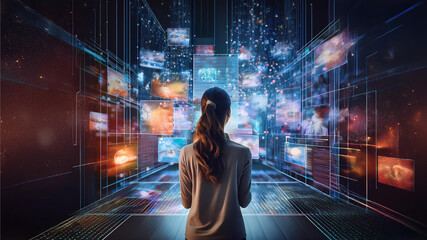 Backview Of Caucasian Woman Connecting to Animated Stream Of Content. Visualization Of Browsing Metaverse Big Data with Viral Videos, Social Media Profiles with Influencers, and Internet Communities