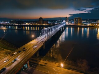 Fototapeta premium Aerial view of a bridge over calm water at night in Louisville, Kentucky, USA. Cars drive across, reflected lights shine on the water. A beautiful scene of urban landscape under night sky.