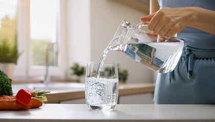 Fit senior woman drinking clear water during her workout break at home. Healthy lifestyle and wellness concept
