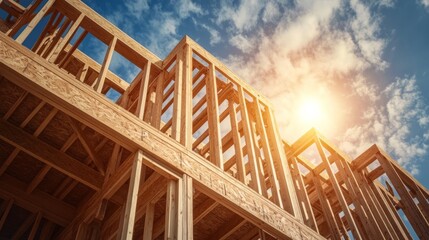 Modern Wooden Frame Construction Under Sunlight
