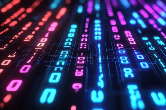 Abstract digital data stream with illuminated binary code and glowing neon lines