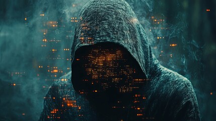 A hooded figure with a glowing digital face in a smoky environment.