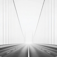 Obraz premium Minimalist black-and-white photograph of bridge cables over the ocean, featuring a symmetrical composition against a white background.