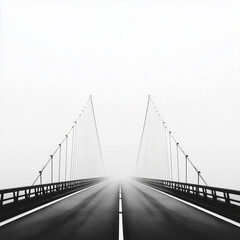 Obraz premium Minimalist black-and-white photograph of bridge cables over the ocean, featuring a symmetrical composition against a white background.