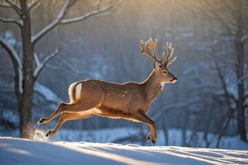 Deer Leaping Across a Snowy Hillside in a Winter Wonderland: A deer captured mid-leap as it gracefully bounds across a snow-covered hillside in the middle of winter.