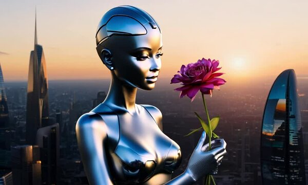 A sleek, silver-skinned woman AI humanoid robot with glowing blue eyes, standing in a futuristic cityscape at sunset