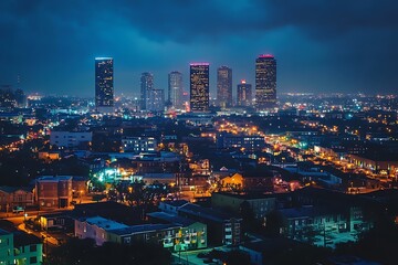 Fototapeta premium Aerial view of modern city skyline at night with tall buildings and street lights glowing in the darkness