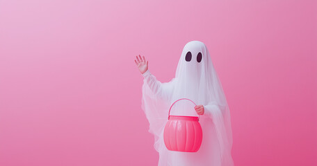 A child dressed as a ghost holds out a pink pumpkin bucket for candy, waving against a pink background, with ample space for copy space.