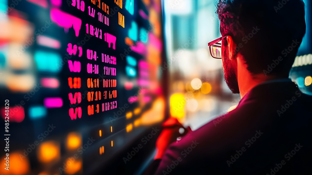 Poster man looking at stock market data on screen - realistic image