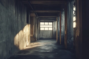 Dark, Empty, Industrial Building Corridor With Light Shining Through A Window