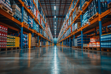 Fototapeta premium Long perspective view of a warehouse aisle with high shelves stocked with various goods.