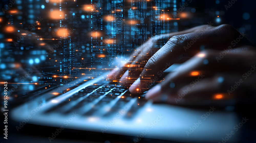 Poster abstract background - hands typing on a laptop with glowing code