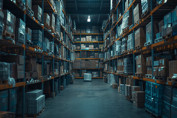 Long perspective view of a warehouse aisle with high shelves stocked with various goods.