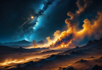 Fototapeta premium A colorful, nebulous space scene with swirling clouds of gas and dust, illuminated by bright stars and glowing celestial bodies against a dark, starry background
