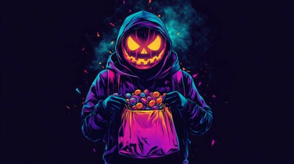A spooky figure in a hoodie holds a bag of candy.