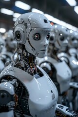 Fototapeta premium A factory filled with robots working autonomously on an assembly line, showcasing the efficiency and precision of AI in industrial settings