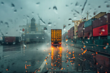 Obraz premium Dynamic image of a red semi truck driving through a shipping port on a rainy day, surrounded by cargo containers.