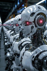 Fototapeta premium A factory filled with robots working autonomously on an assembly line, showcasing the efficiency and precision of AI in industrial settings