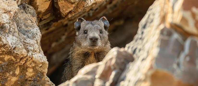 Rock Hyrax Or Rock Badger Procavia Capensis Sitting Close Between The Rocks To Escape Danger