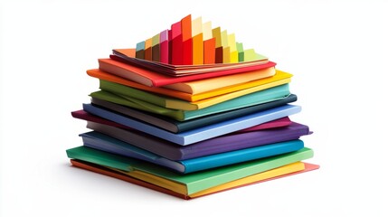 A stack of multi-colored textbooks neatly arranged in a pyramid shape, transparent background for easy customization.