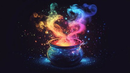 A cauldron filled with glowing colorful magic.