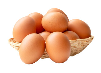 Group of fresh brown chicken eggs in stack in wicker basket isolated with clipping path in png file format